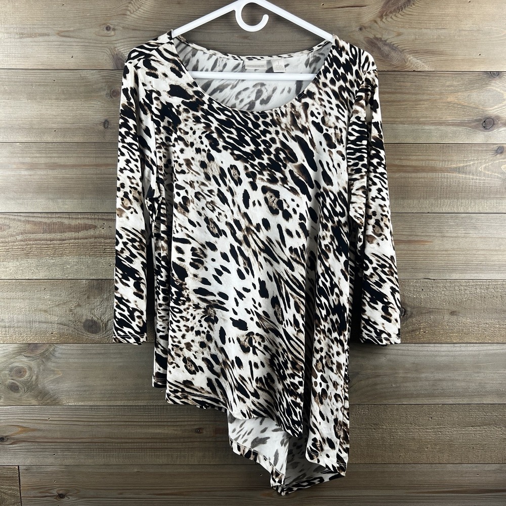 Chicos Womens Shirt 3/4 Sleeve Asymmetrical Hem Leopard Liquid Knit 1 Medium